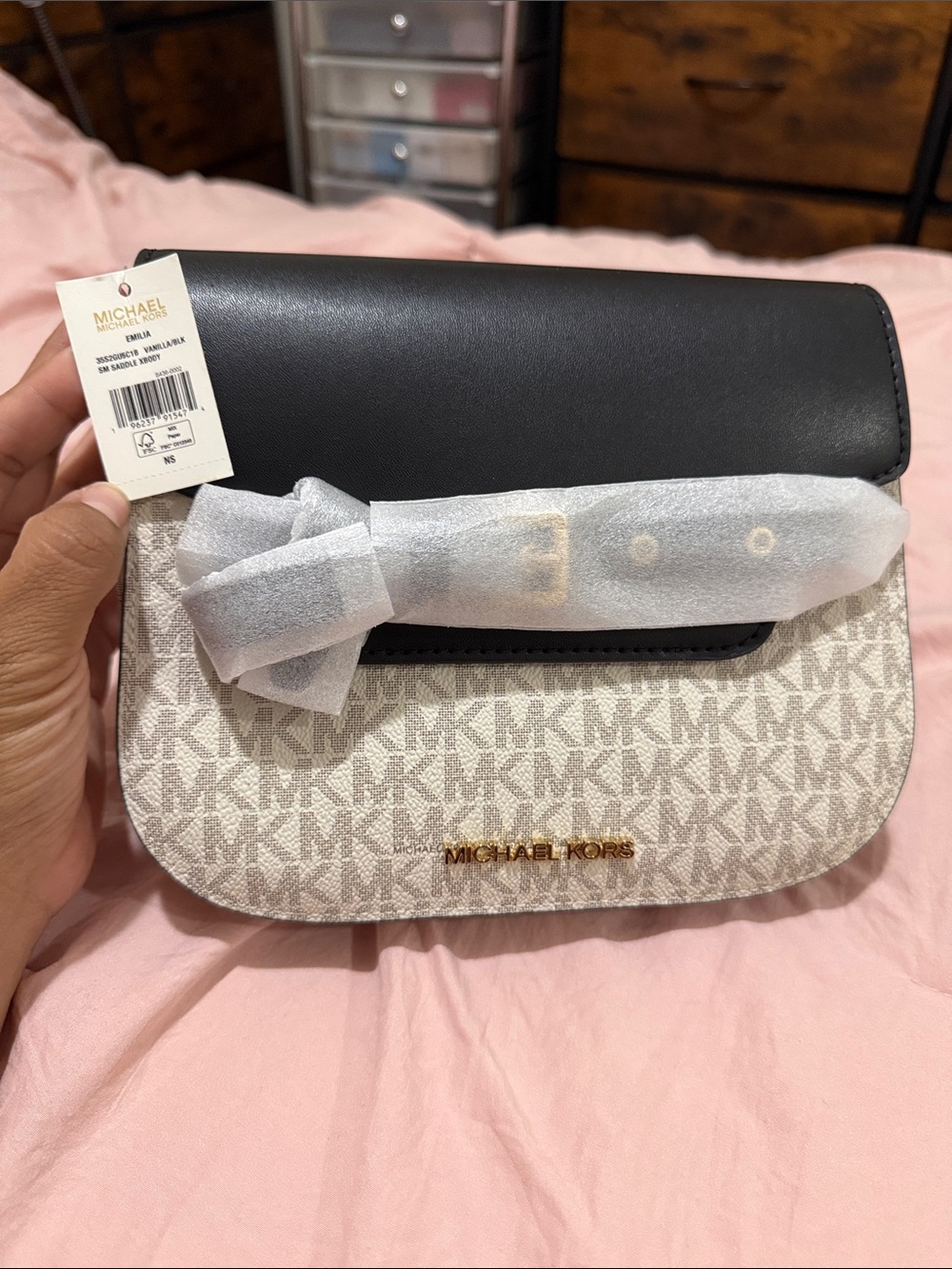 Michael Kors Beige Logo Crossbody with Black Flap and Gold Hardware